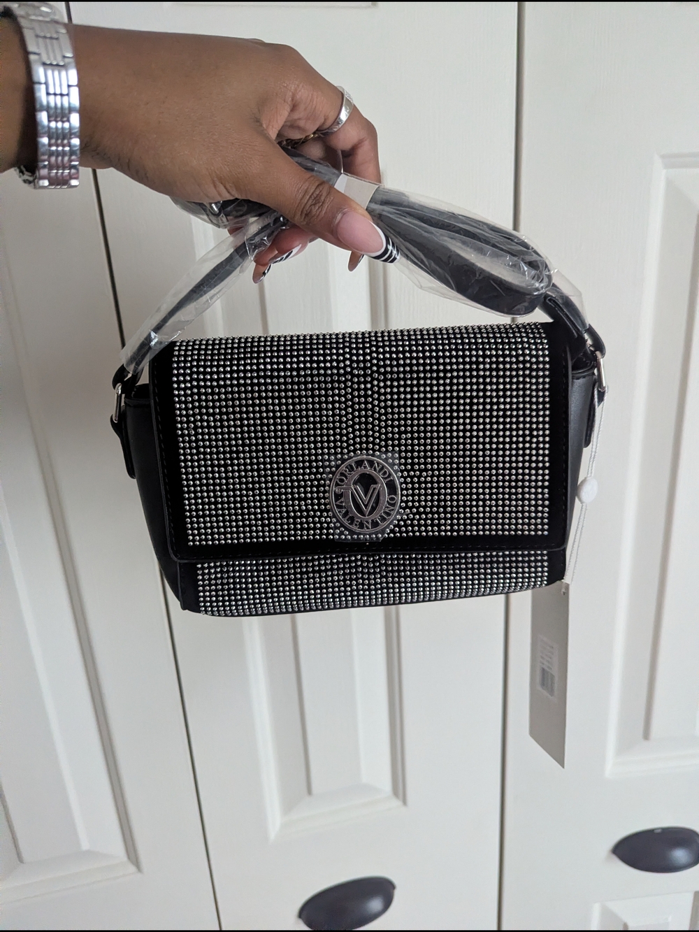 Valentino Black and Silver Rhinestone Satchel